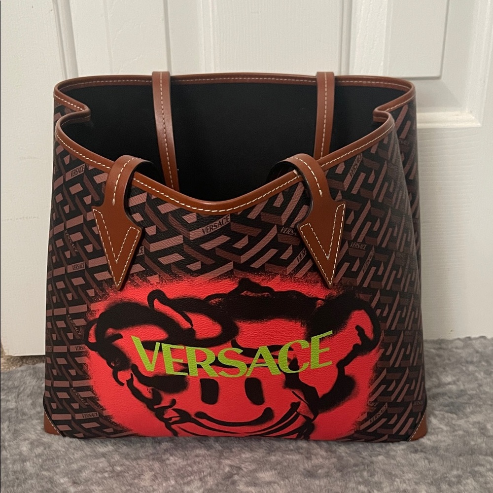 Versace Brown Monogram Tote with Neon Orange & Lime Logo Graffiti